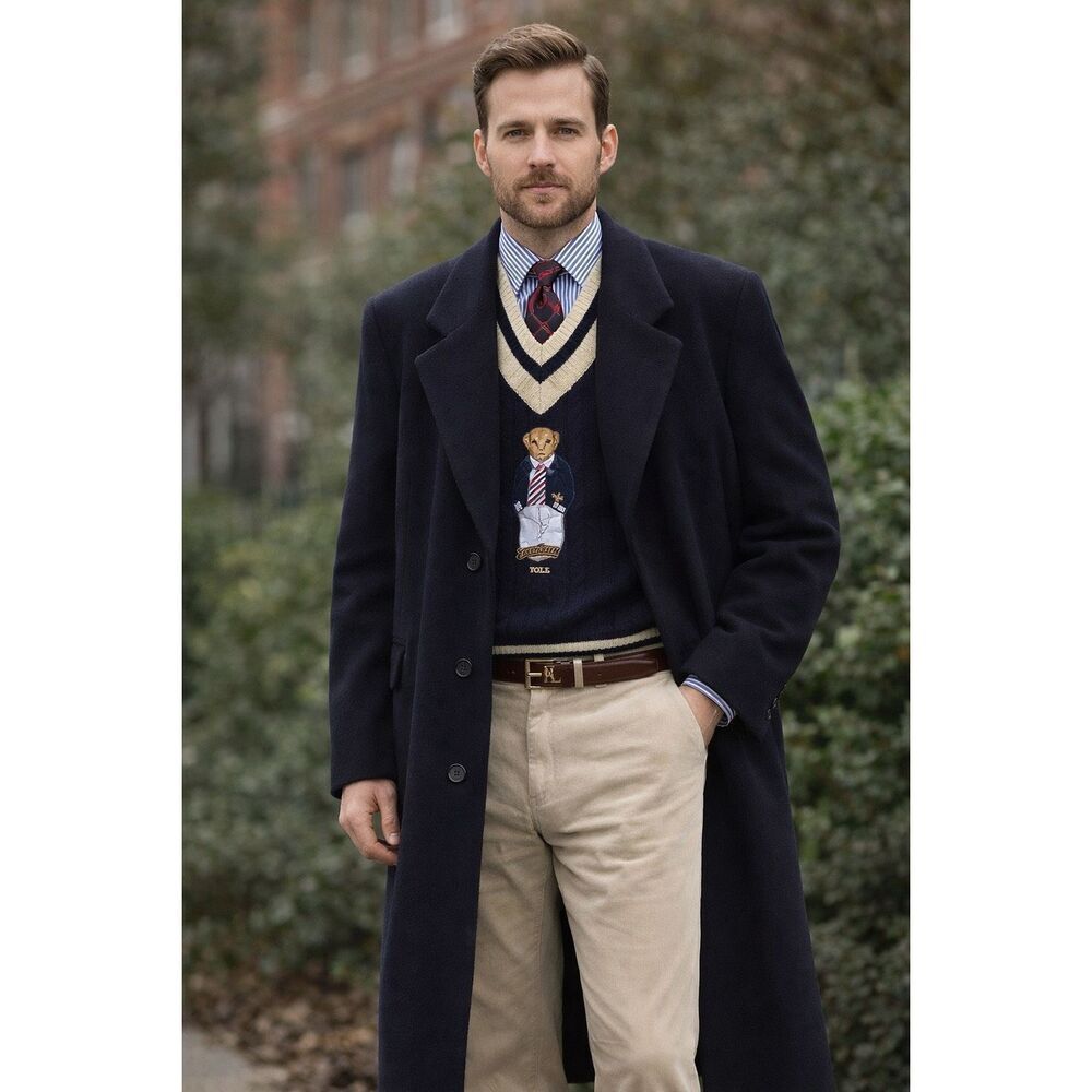 Vintage Maitland of England Mens Navy Long Line Wool Cashmere Top Trench Coat Si